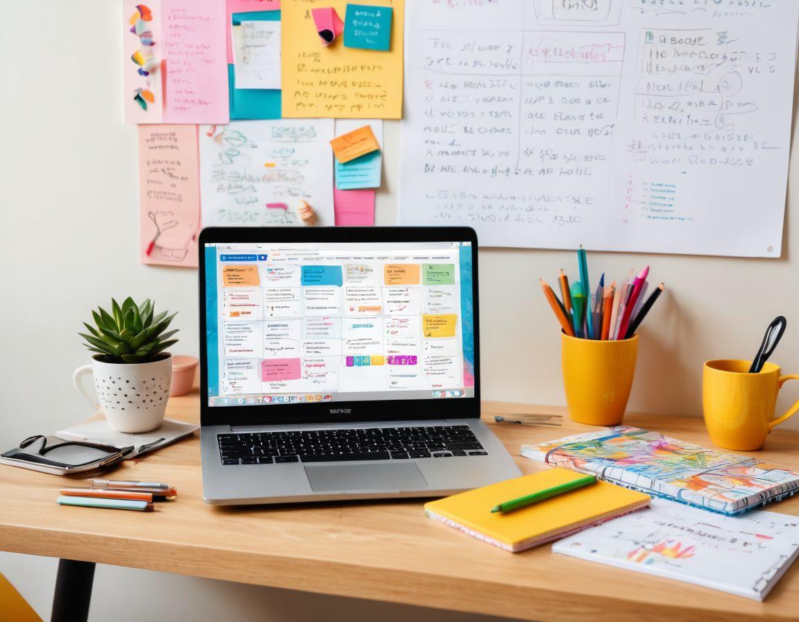 A creative workspace showcasing a laptop with blog analytics on the screen, surrounded by colorful stationery, a cup of coffee, and a notepad filled with doodles and ideas. In the background, a wall decorated with motivational quotes about success and monetization strategies. Bright, inviting colors emphasize creativity and focus. vibrant colors. super-realistic.
