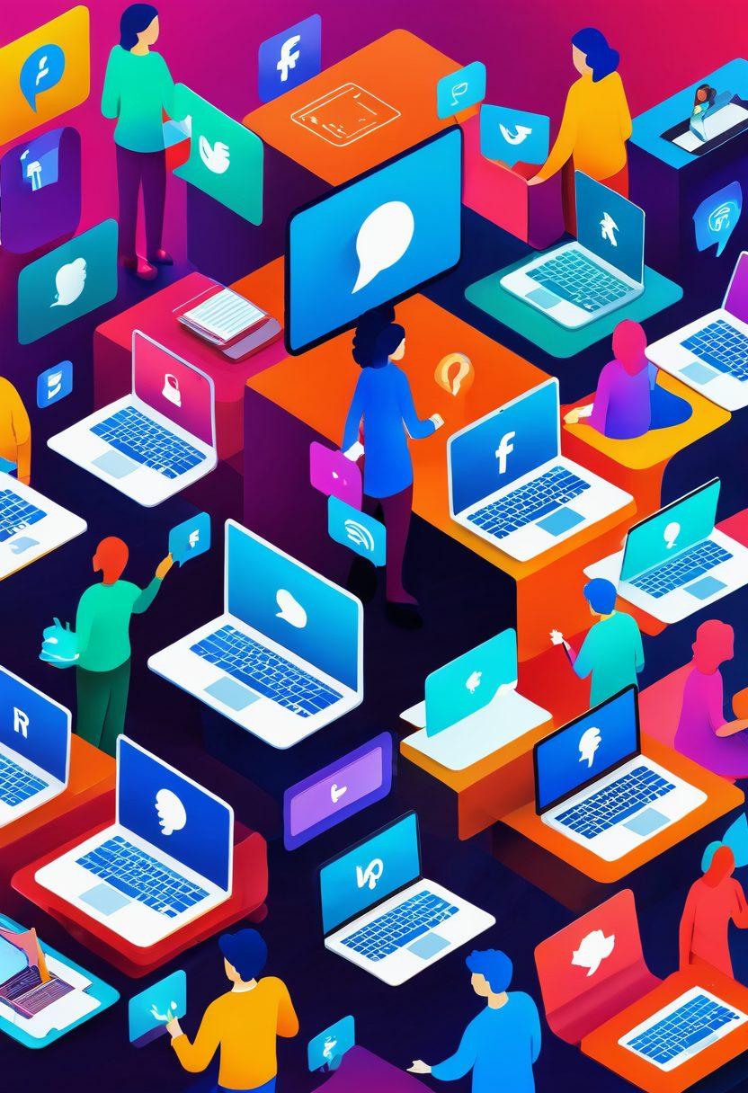 A visually engaging illustration showcasing a diverse group of people connecting around laptops, exchanging ideas and collaborating in a dynamic online environment. Include elements like social media icons, chat bubbles, and vibrant community symbols to represent audience engagement. The scene should feel lively and welcoming, with a blend of technology and human connection. Bright and vibrant colors with a friendly atmosphere. 3D. vibrant colors.