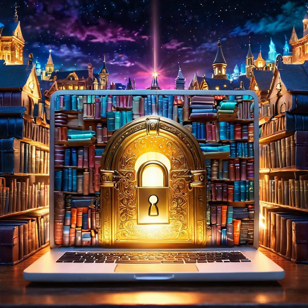 A mystical key unlocking an enormous, ornate lock shaped like a laptop, surrounded by glowing books filled with diverse blogging tips. Ethereal light beams emanate from the lock, illuminating a community of diverse, smiling bloggers sharing ideas. The background showcases a vibrant cityscape representing a digital world. super-realistic. vibrant colors. high detail.